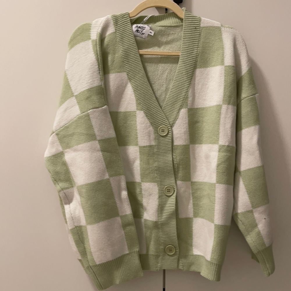 Green checked cardigan